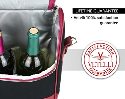 Joli sac bandoulière féminin et isotherme pour transporter 2 bouteilles de vin à vélo en toile et simili-cuir noir et rouge Vileti