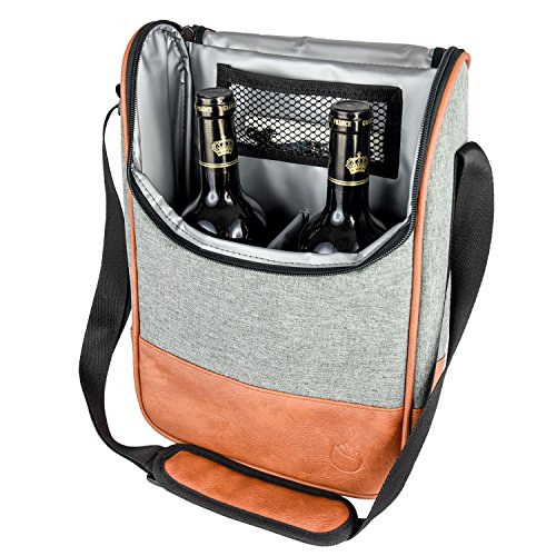 Sac bandoulière élégant et isotherme pour transporter 2 bouteilles de vin à vélo en toile et simili-cuir gris et marron