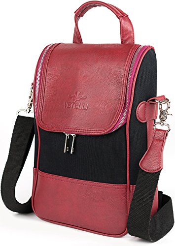 Sac bandoulière féminin et isotherme pour transporter 2 bouteilles de vin à vélo en toile et simili-cuir noir et rouge Vileti