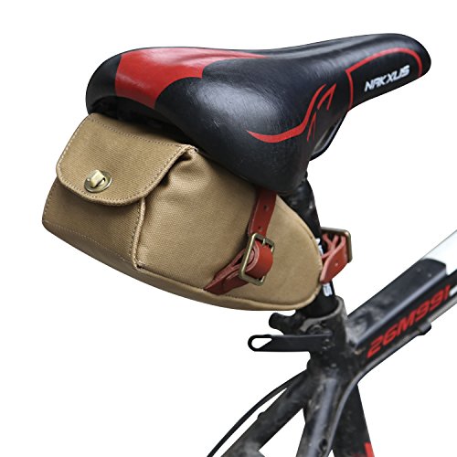 Sacoche de selle de vélo Tourbon beige kaki en cuir et toile imperméable