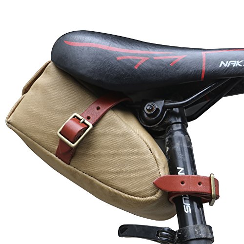 Sacoche de selle de vélo Tourbon beige kaki en cuir et toile imperméable urbain et tendance